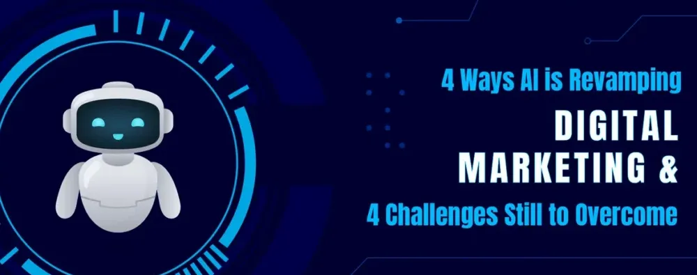 4 Ways AI is Revamping Digital Marketing & 4 Challenges Still to Overcome infographic highlighting how artificial intelligence transforms digital marketing while addressing challenges such as data privacy, accuracy, creativity, and implementation costs.