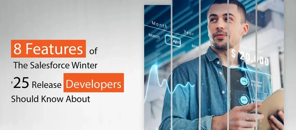 8 Features of The Salesforce Winter '25 Release Developers Should Know About infographic highlighting key Salesforce development updates including Apex enhancements, LWC API 62.0, TypeScript support, Agentforce, Local Dev, and developer tools.