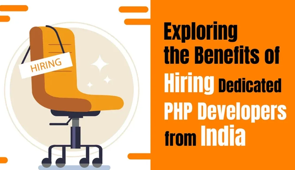 Exploring the Benefits of Hiring Dedicated PHP Developers from India infographic highlighting cost savings, skilled talent, flexible staffing, scalability, and technical expertise.