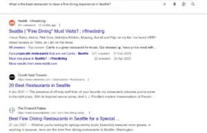 Google search result to “what is the best restaurant to have a fine dining experience in Seattle?