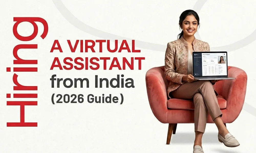 Hiring a Virtual Assistant from India for Your US Business in 2026 US business owner collaborating with a virtual assistant from India to manage administrative tasks, customer support, and business operations remotely.