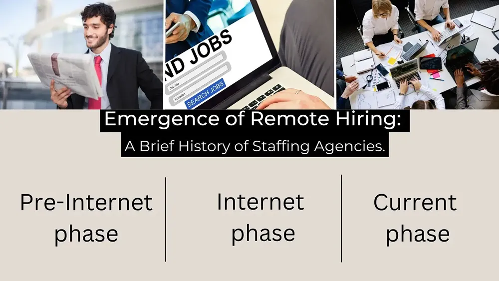 Emergence of remote hiring and the evolution of staffing agencies connecting businesses with global talent.