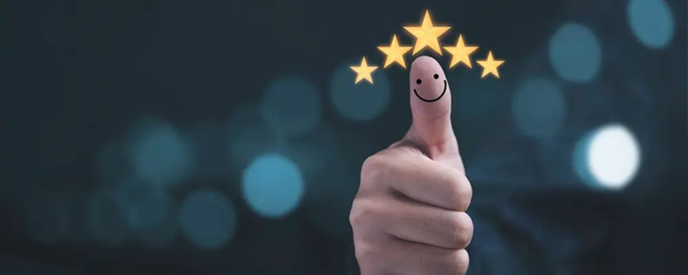 Customer satisfaction concept with five-star rating, thumbs-up gesture, and smiling feedback icon
